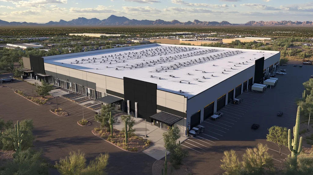 A commercial roof on a warehouse in a location similar to Phoenix with a comic book style aesthetic (AI image)