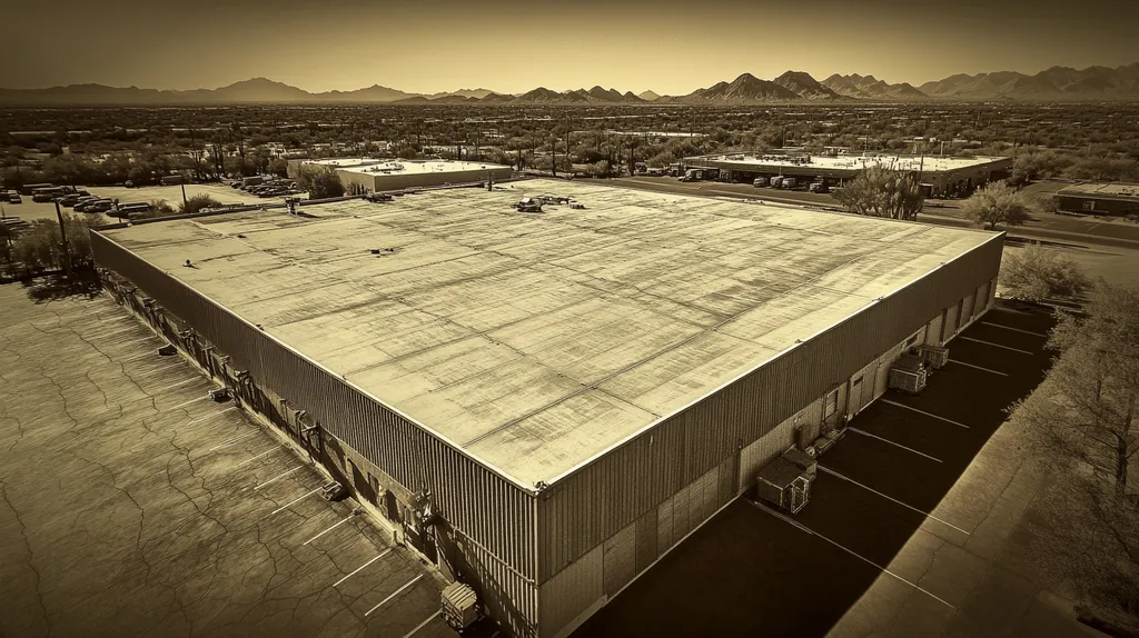 A commercial roof on a warehouse in a location similar to Phoenix with a tintype aesthetic (AI image)