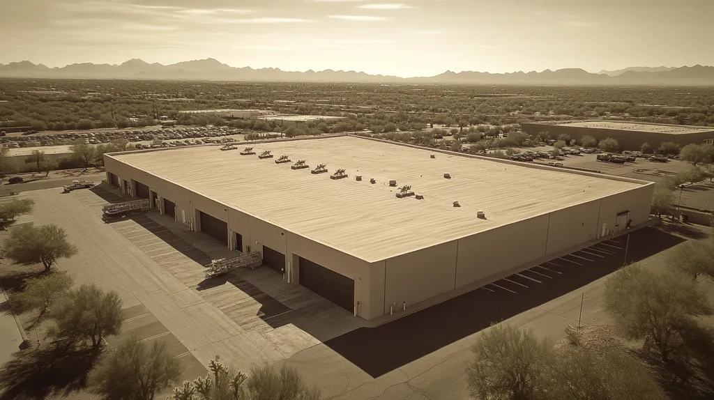 A commercial roof on a warehouse in a location similar to Phoenix with a tintype aesthetic (AI image)