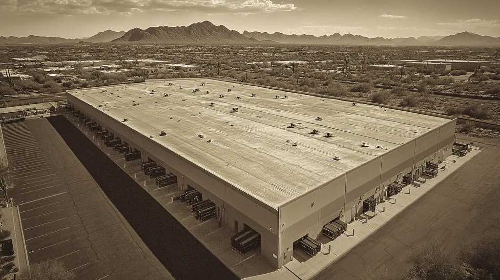 A commercial roof on a warehouse in a location similar to Phoenix with a tintype aesthetic (AI image)