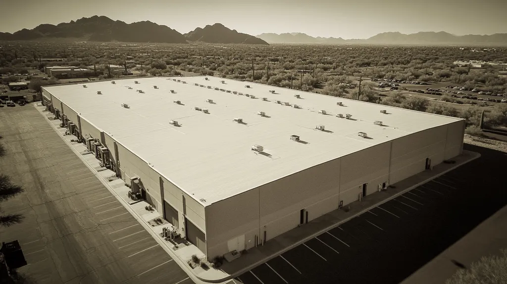 A commercial roof on a warehouse in a location similar to Phoenix with a tintype aesthetic (AI image)
