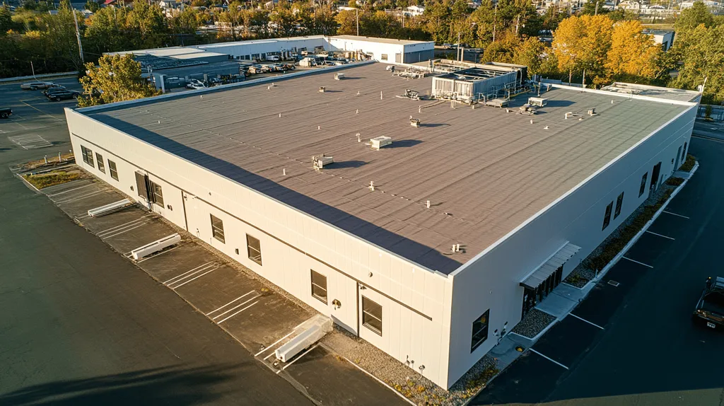A commercial roof on a warehouse in a location similar to Portland, Maine with an architectural photography aesthetic (AI image)