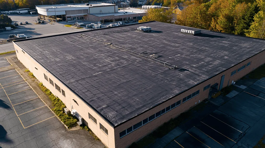 A commercial roof on a warehouse in a location similar to Portland, Maine with an architectural photography aesthetic (AI image)