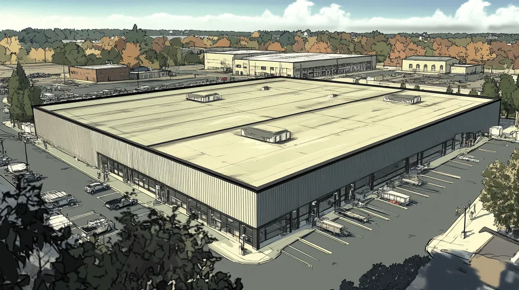 A commercial roof on a warehouse in a location similar to Portland, Maine with a comic book style aesthetic (AI image)