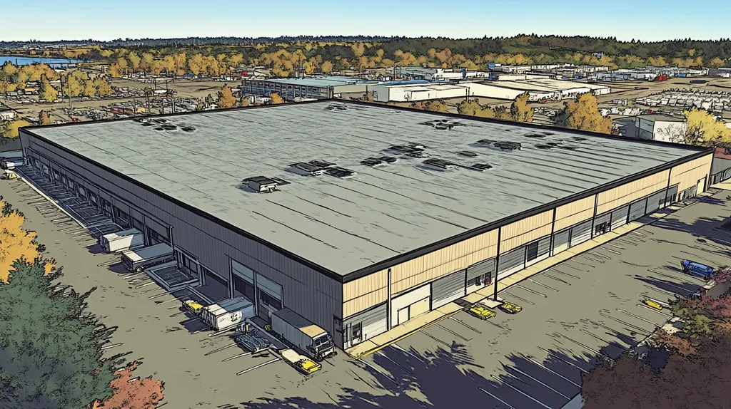 A commercial roof on a warehouse in a location similar to Portland, Maine with a comic book style aesthetic (AI image)