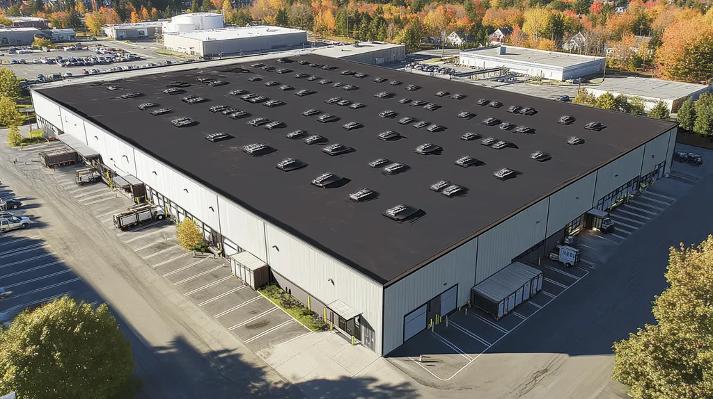 A commercial roof on a warehouse in a location similar to Portland, Maine with a comic book style aesthetic (AI image)