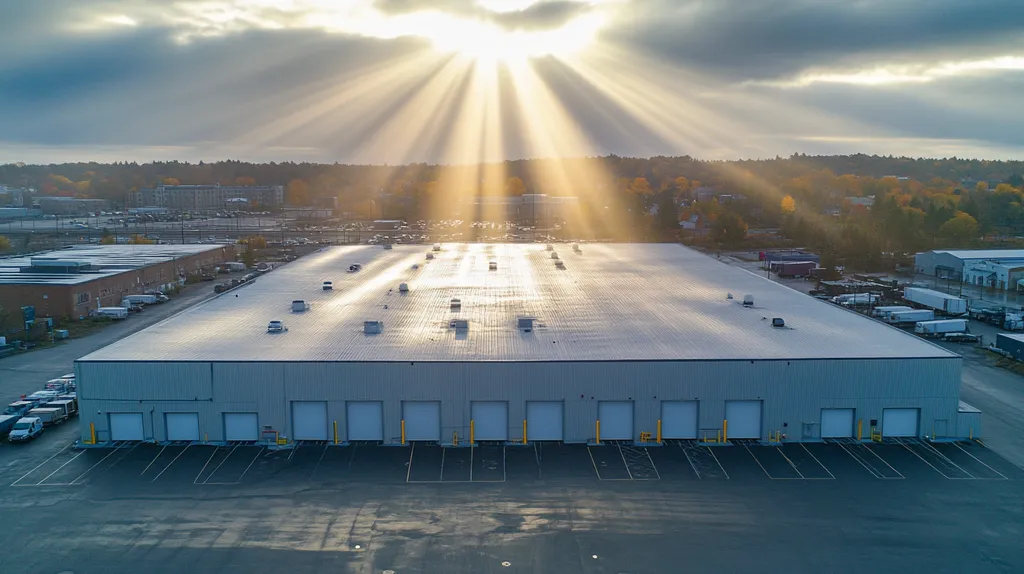 A commercial roof on a warehouse in a location similar to Portland, Maine with a light beams aesthetic (AI image)