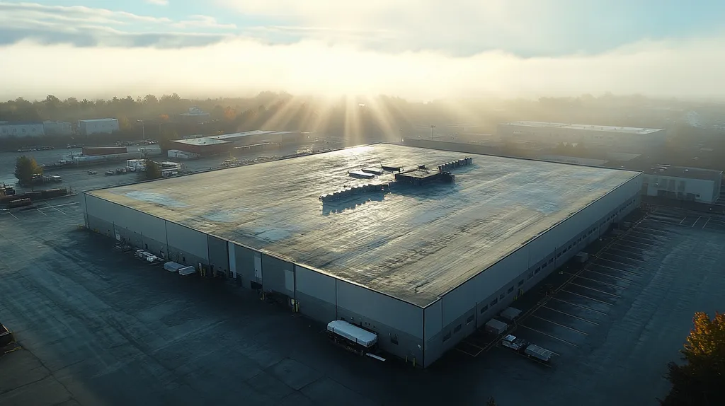 A commercial roof on a warehouse in a location similar to Portland, Maine with a light beams aesthetic (AI image)