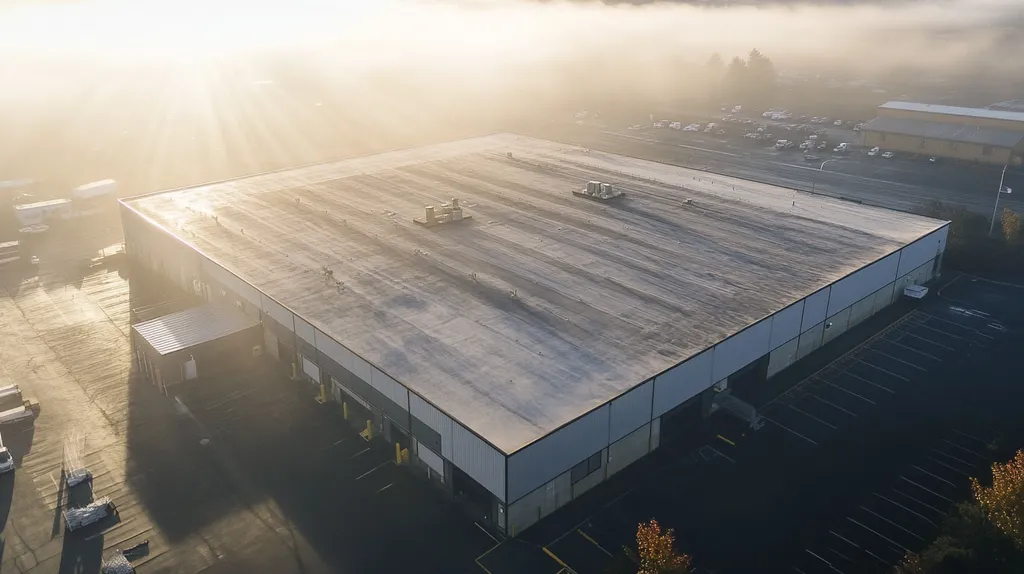 A commercial roof on a warehouse in a location similar to Portland, Maine with a light beams aesthetic (AI image)