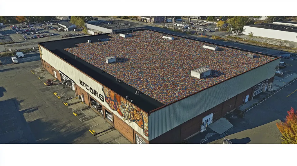 A commercial roof on a warehouse in a location similar to Portland, Maine with a mosaic tile art aesthetic (AI image)