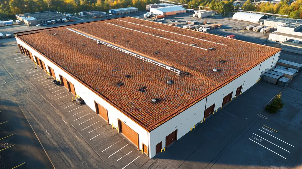 A commercial roof on a warehouse in a location similar to Portland, Maine with a mosaic tile art aesthetic (AI image)