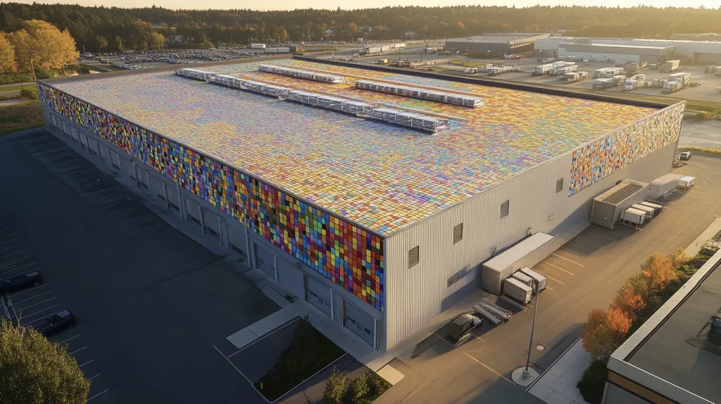 A commercial roof on a warehouse in a location similar to Portland, Maine with a mosaic tile art aesthetic (AI image)