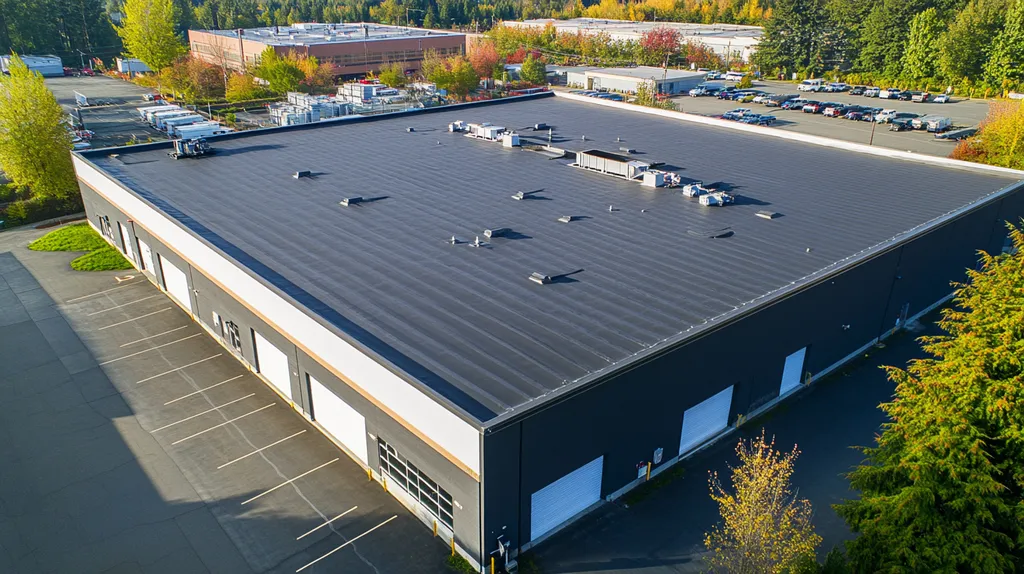 A commercial roof on a warehouse in a location similar to Portland with an architectural photography aesthetic (AI image)