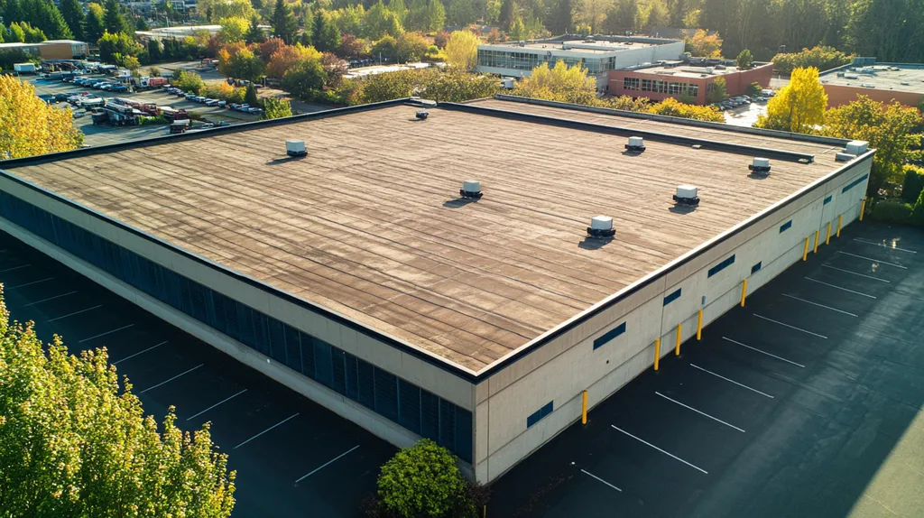 A commercial roof on a warehouse in a location similar to Portland with an architectural photography aesthetic (AI image)