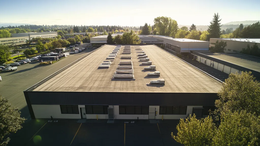 A commercial roof on a warehouse in a location similar to Portland with a futuristic aesthetic (AI image)