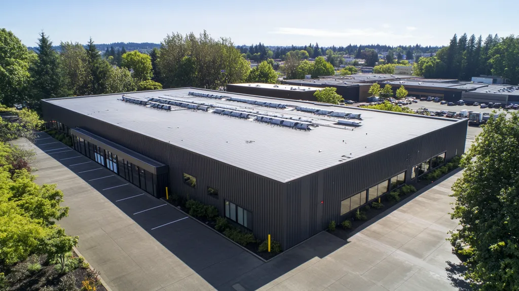 A commercial roof on a warehouse in a location similar to Portland with a futuristic aesthetic (AI image)
