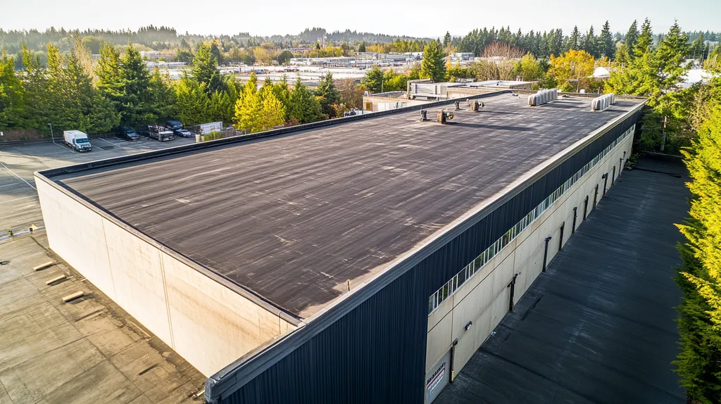 A commercial roof on a warehouse in a location similar to Portland with a futuristic aesthetic (AI image)
