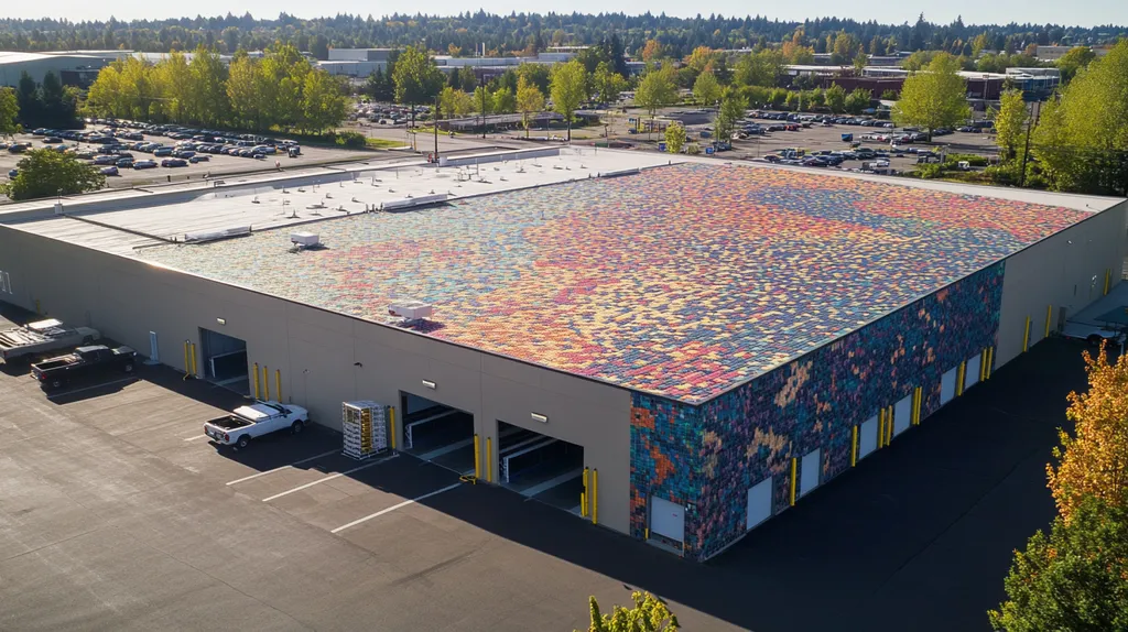 A commercial roof on a warehouse in a location similar to Portland with a mosaic tile art aesthetic (AI image)