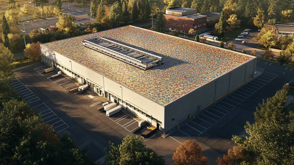 A commercial roof on a warehouse in a location similar to Portland with a mosaic tile art aesthetic (AI image)
