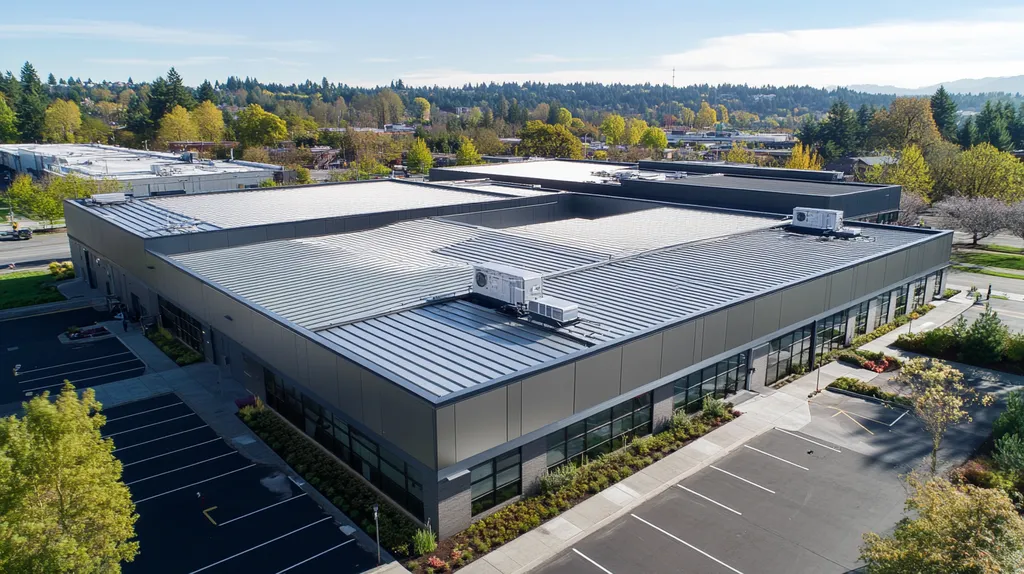 A commercial roof on a warehouse in a location similar to Portland with a stainless steel aesthetic (AI image)