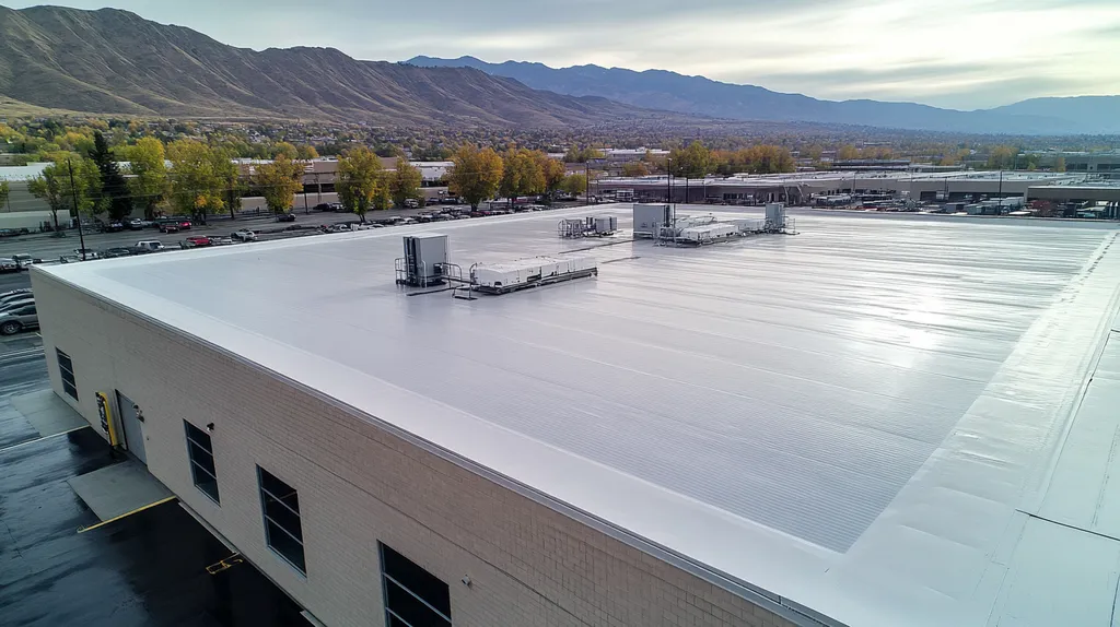 A commercial roof on a warehouse in a location similar to Salt Lake City with a rainy day aesthetic (AI image)