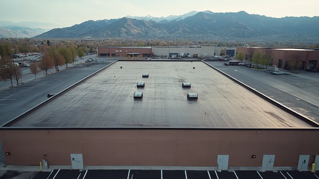 A commercial roof on a warehouse in a location similar to Salt Lake City with a rainy day aesthetic (AI image)
