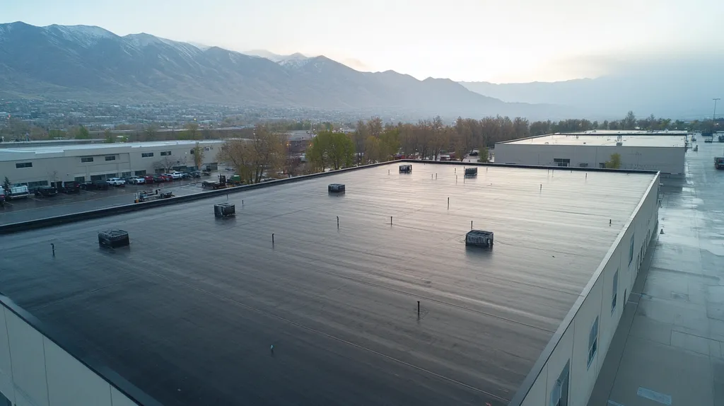 A commercial roof on a warehouse in a location similar to Salt Lake City with a rainy day aesthetic (AI image)