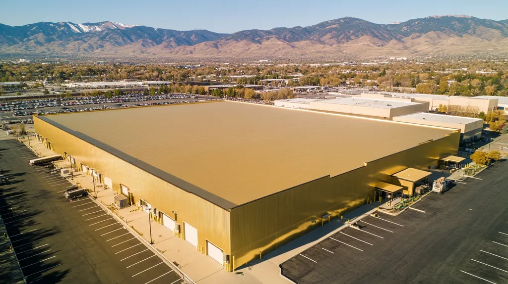 A commercial roof on a warehouse in a location similar to Salt Lake City with a solid gold aesthetic (AI image)