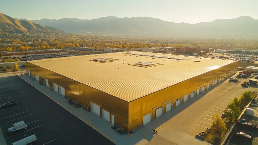 A commercial roof on a warehouse in a location similar to Salt Lake City with a solid gold aesthetic (AI image)