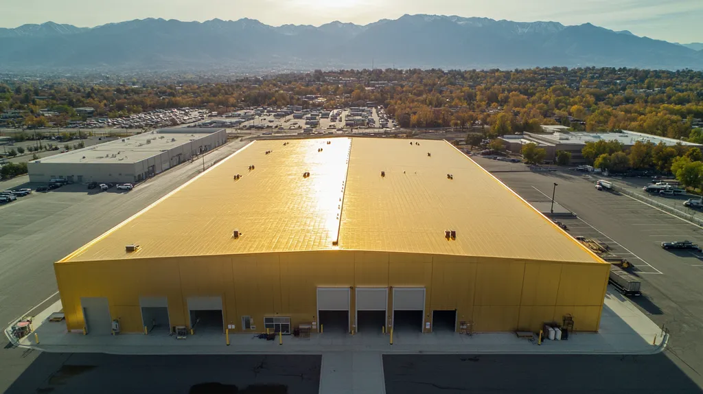 A commercial roof on a warehouse in a location similar to Salt Lake City with a solid gold aesthetic (AI image)
