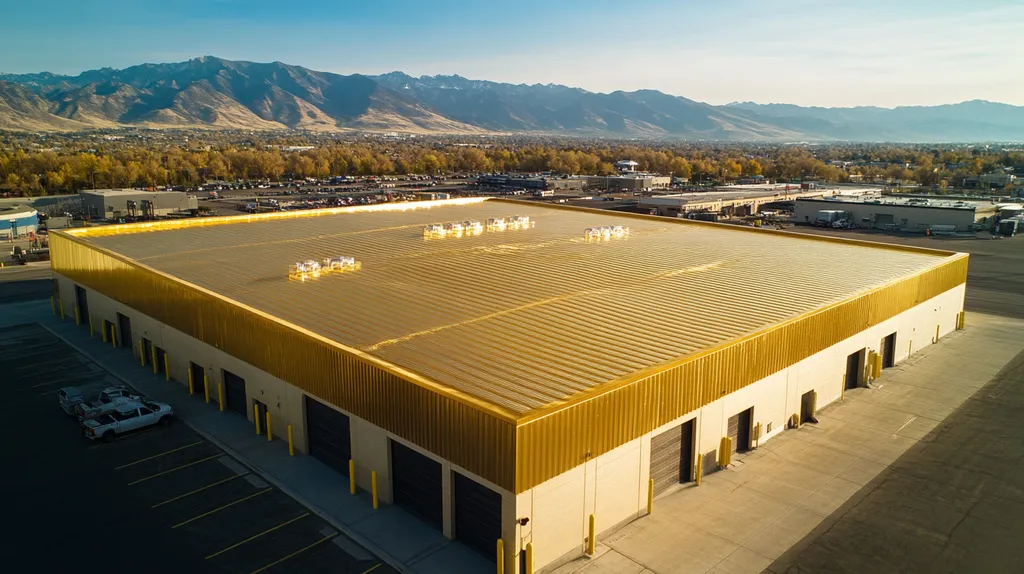 A commercial roof on a warehouse in a location similar to Salt Lake City with a solid gold aesthetic (AI image)
