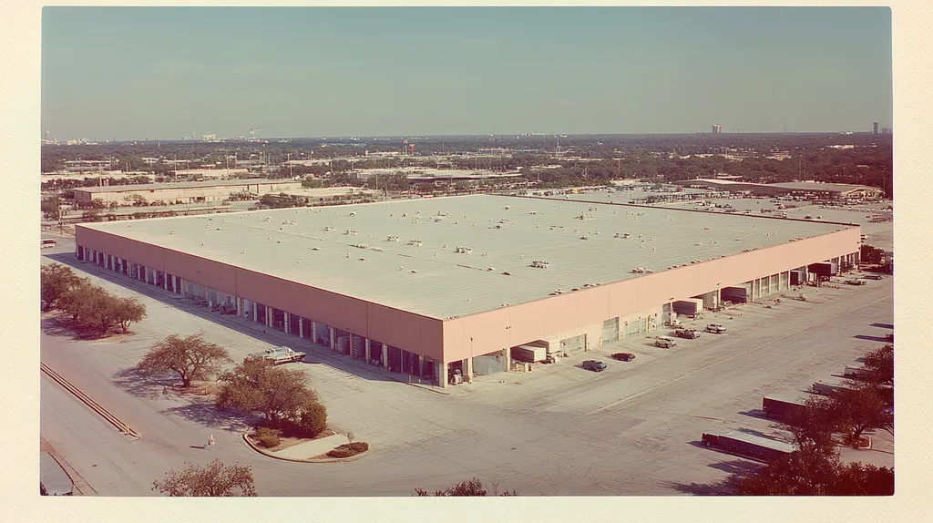 A commercial roof on a warehouse in a location similar to San Antonio with a Polaroid aesthetic (AI image)
