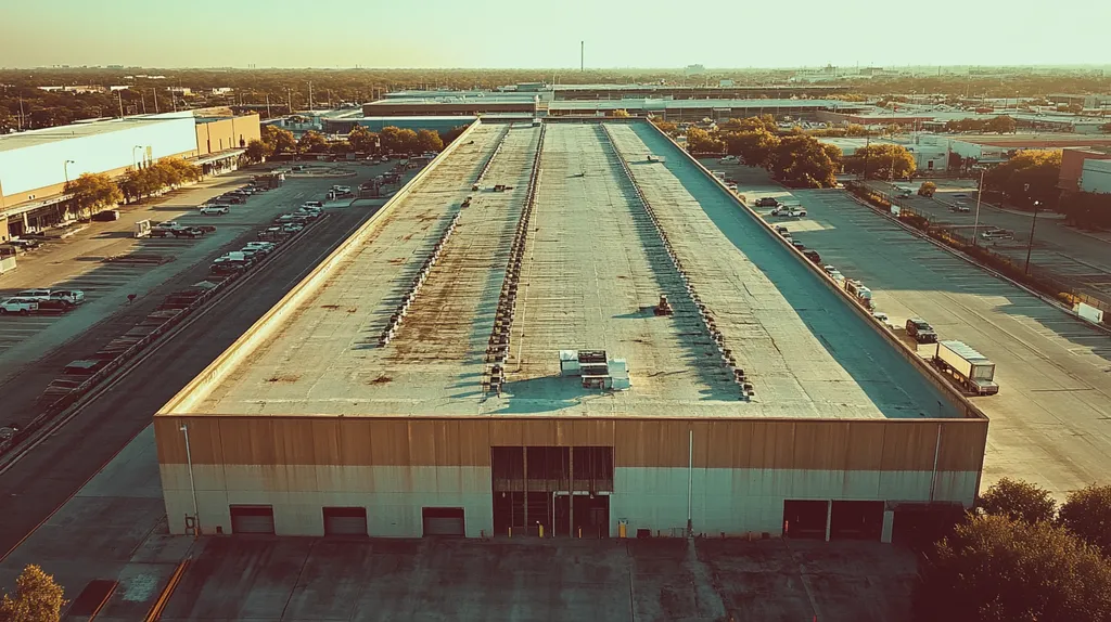 A commercial roof on a warehouse in a location similar to San Antonio with a Polaroid aesthetic (AI image)