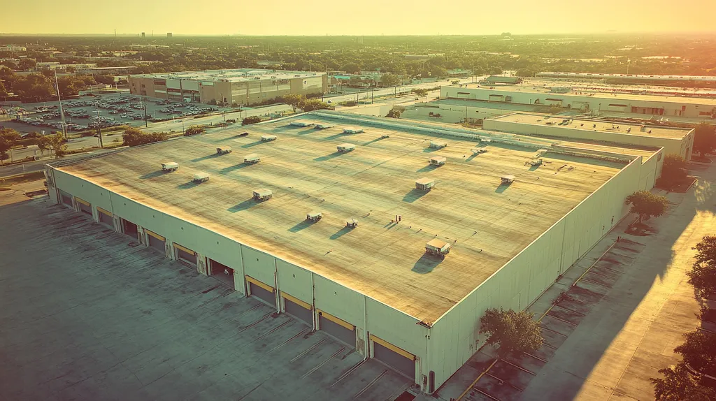 A commercial roof on a warehouse in a location similar to San Antonio with a Polaroid aesthetic (AI image)
