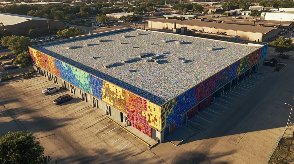 A commercial roof on a warehouse in a location similar to San Antonio with a mosaic tile art aesthetic (AI image)
