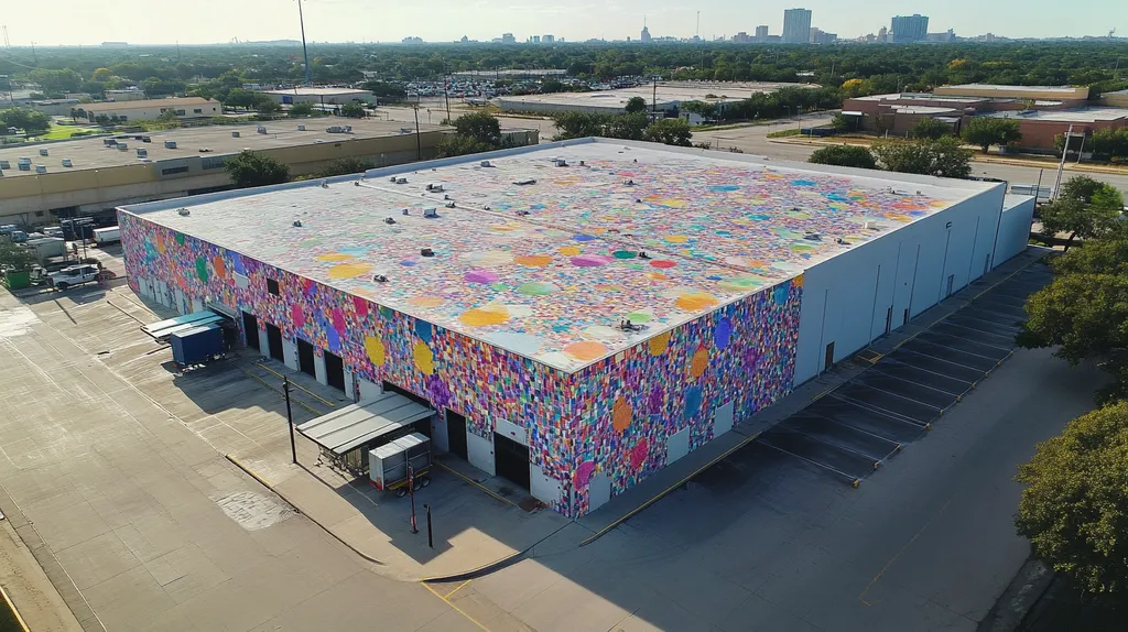 A commercial roof on a warehouse in a location similar to San Antonio with a mosaic tile art aesthetic (AI image)