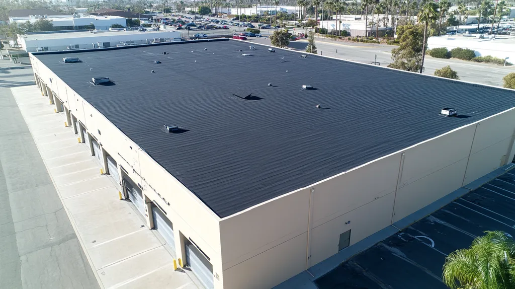 A commercial roof on a warehouse in a location similar to San Diego with a color-highlight aesthetic (AI image)