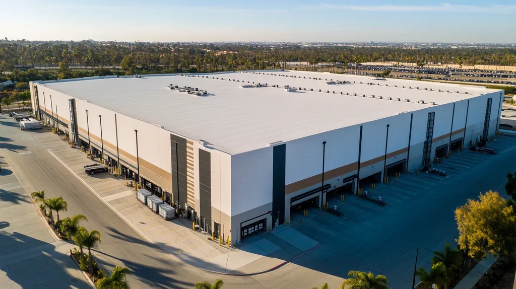 A commercial roof on a warehouse in a location similar to San Diego with a color highlight aesthetic (AI image)