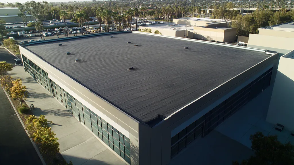 A commercial roof on a warehouse in a location similar to San Diego with a futuristic aesthetic (AI image)