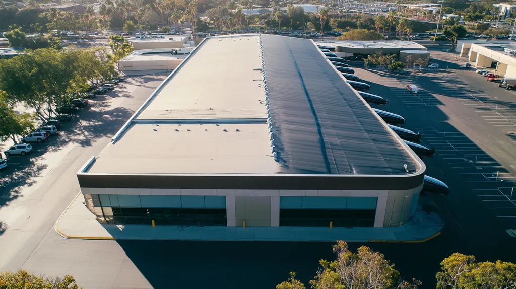 A commercial roof on a warehouse in a location similar to San Diego with a futuristic aesthetic (AI image)