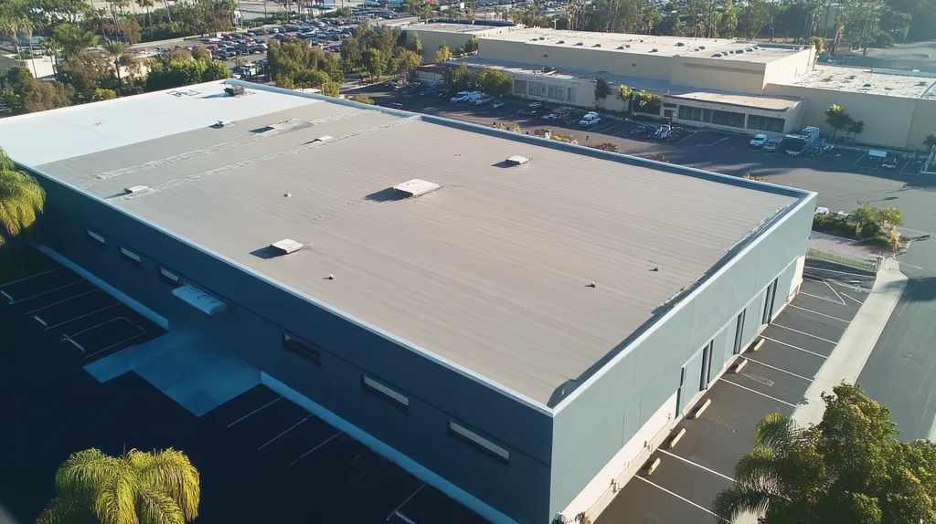 A commercial roof on a warehouse in a location similar to San Diego with a futuristic aesthetic (AI image)