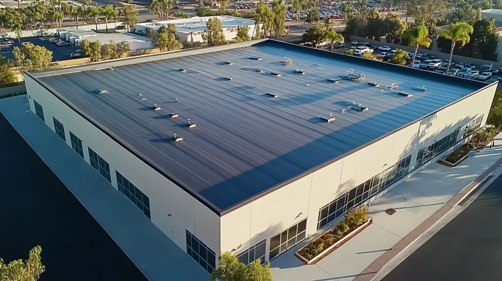 A commercial roof on a warehouse in a location similar to San Diego with a futuristic aesthetic (AI image)