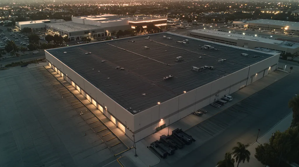 A commercial roof on a warehouse in a location similar to San Diego with an illuminated nightscape aesthetic (AI image)