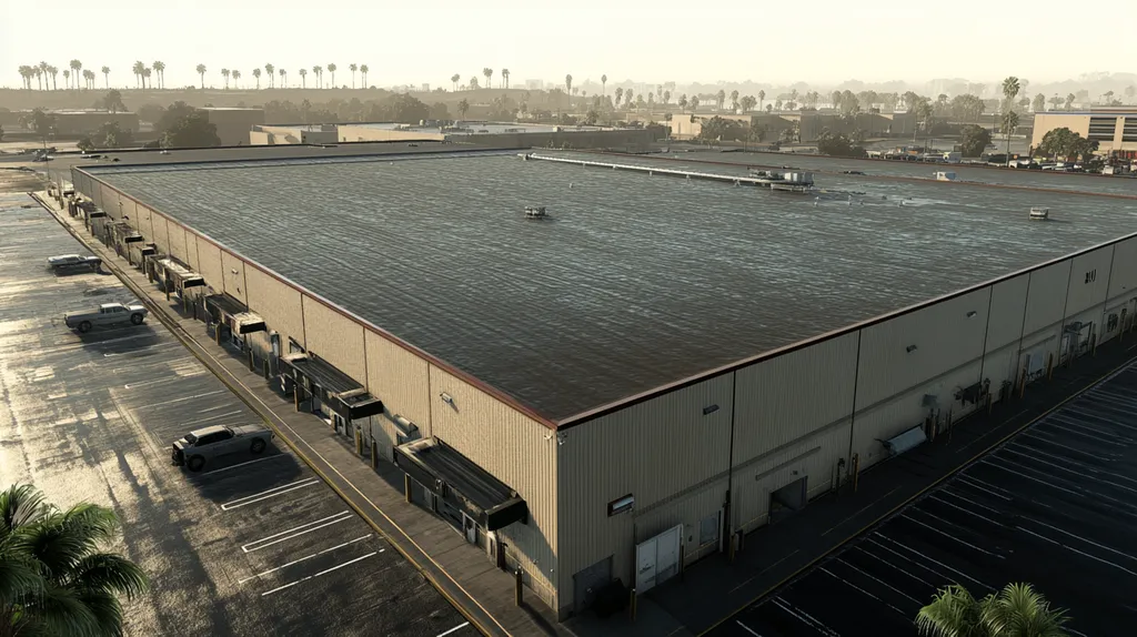 A commercial roof on a warehouse in a location similar to San Diego with a rainy day aesthetic (AI image)