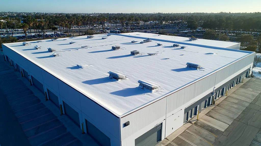 A commercial roof on a warehouse in a location similar to San Diego with a snowy day aesthetic (AI image)