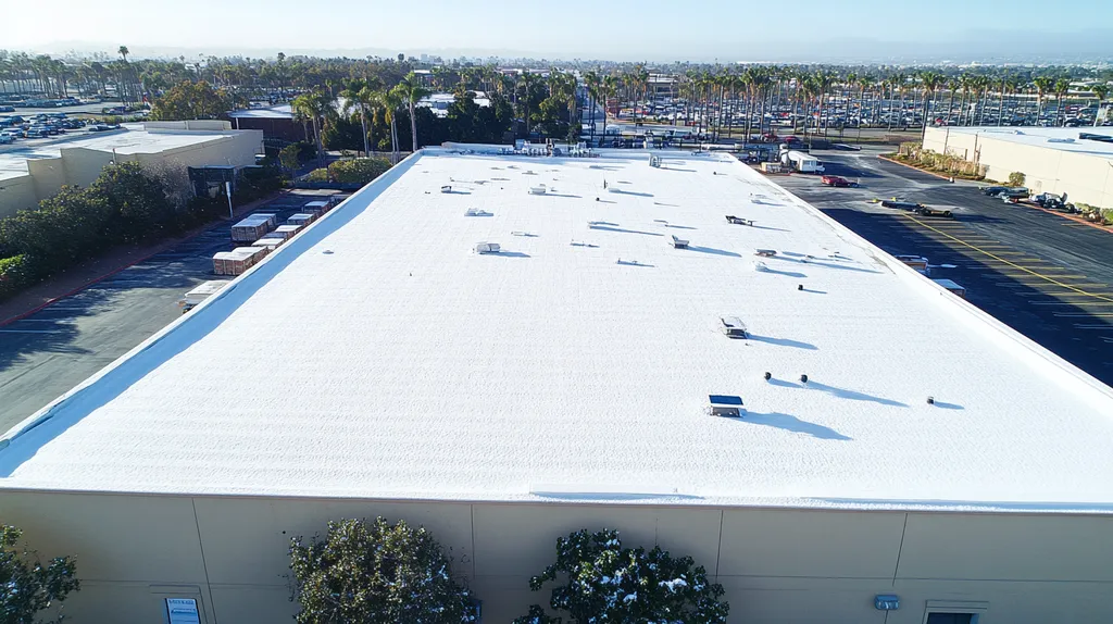 A commercial roof on a warehouse in a location similar to San Diego with a snowy day aesthetic (AI image)