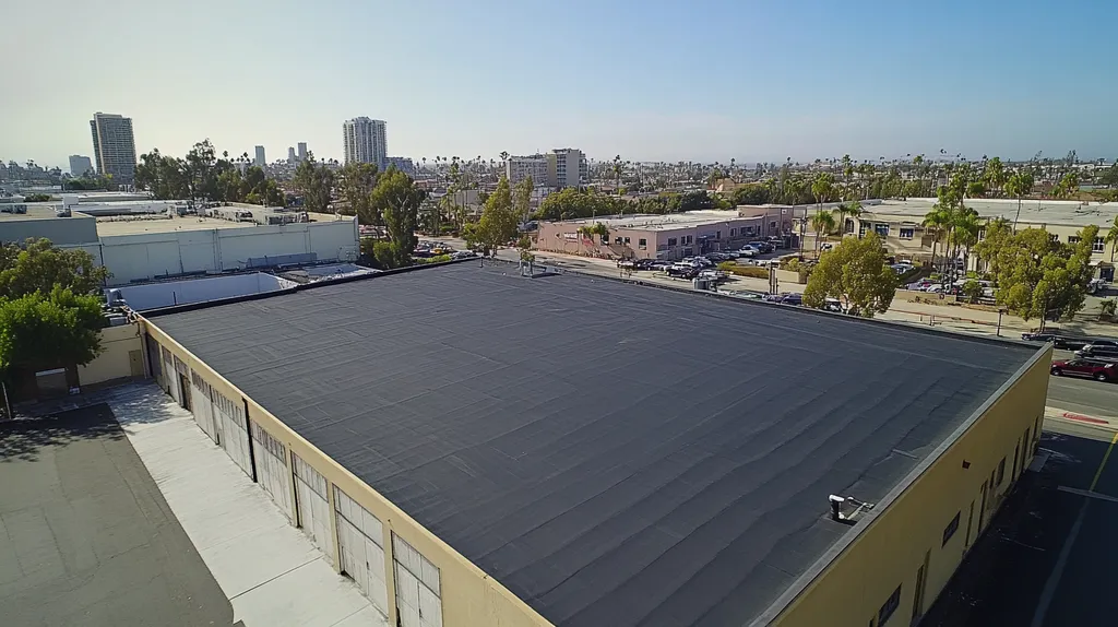 A commercial roof on a warehouse in a location similar to San Diego with an urban context aesthetic (AI image)