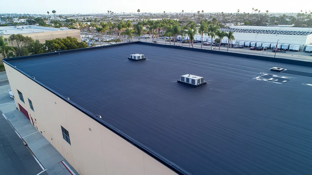 A commercial roof on a warehouse in a location similar to San Diego with an urban context aesthetic (AI image)
