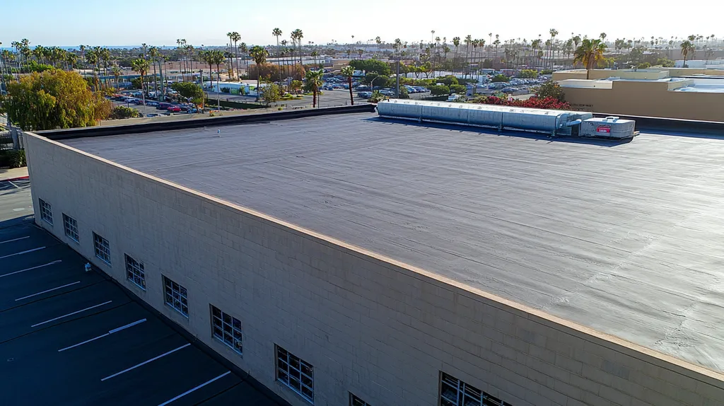 A commercial roof on a warehouse in a location similar to San Diego with an urban context aesthetic (AI image)