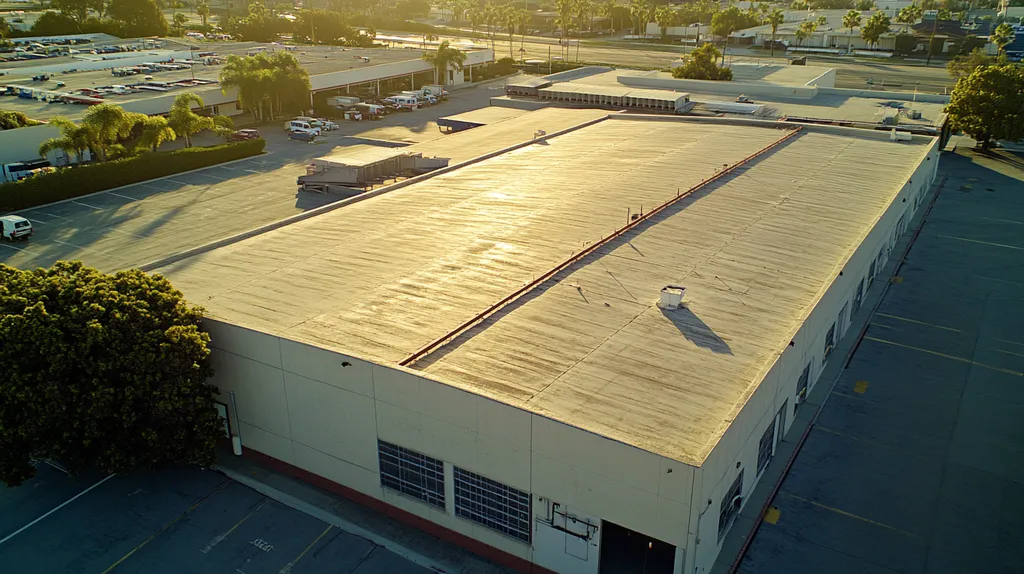 A commercial roof on a warehouse in a location similar to San Diego with an urban context aesthetic (AI image)